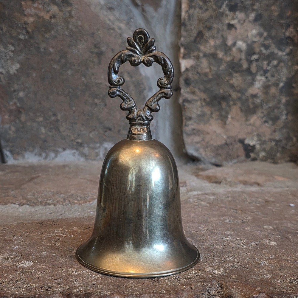 Vintage Brass Hand Bell Ornate Victorian Scroll Handle Polished Gold Tone 4.5"